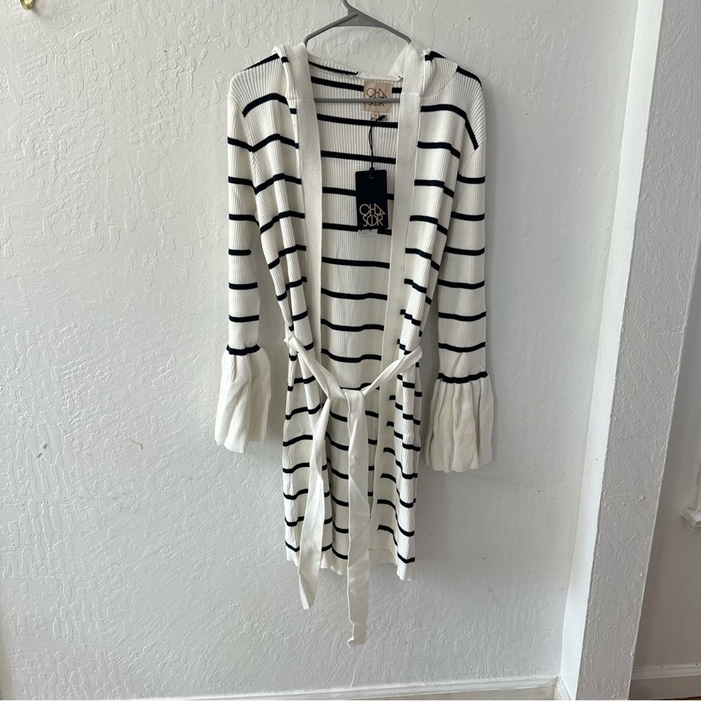 Chaser White Navy Blue Longline Knit Hooded Belted Cardigan Duster Sweater M - Picture 6 of 7